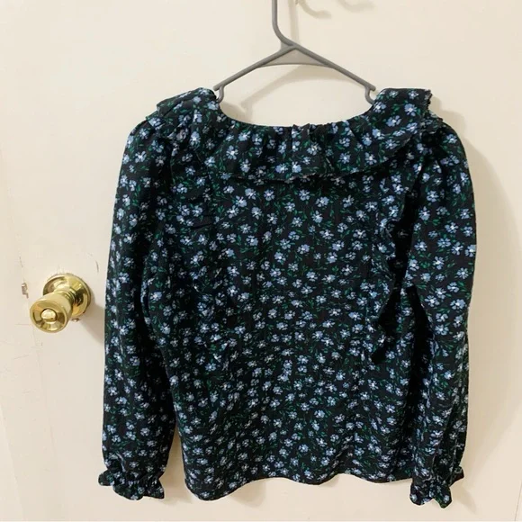 🎁LOFT Floral Print ruffle tie neck Blouse shirt/top Black & Blue petite small SP - Picture 3 of 8